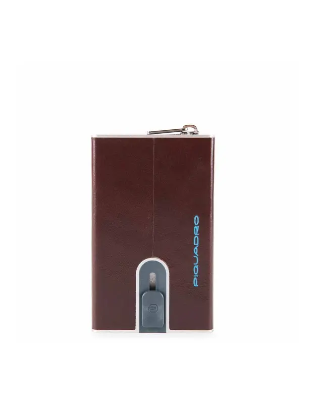 Piquadro Blue Square Mahogany Leather Card Holder with Sliding System and Zipper Coin Pocket for Men