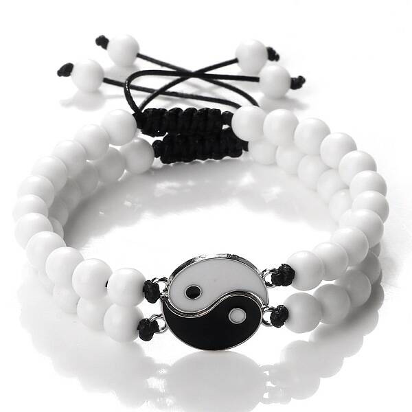 Adjustable Round Natural White Jade Beaded Stretch Bracelet Sets