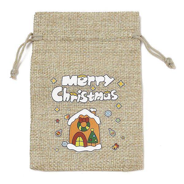 Christmas Printed Burlap Packing Pouches Drawstring Bags