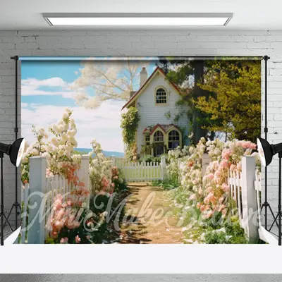 White Wood Fence Flower House Photo Spring Backdrop - Aperturee