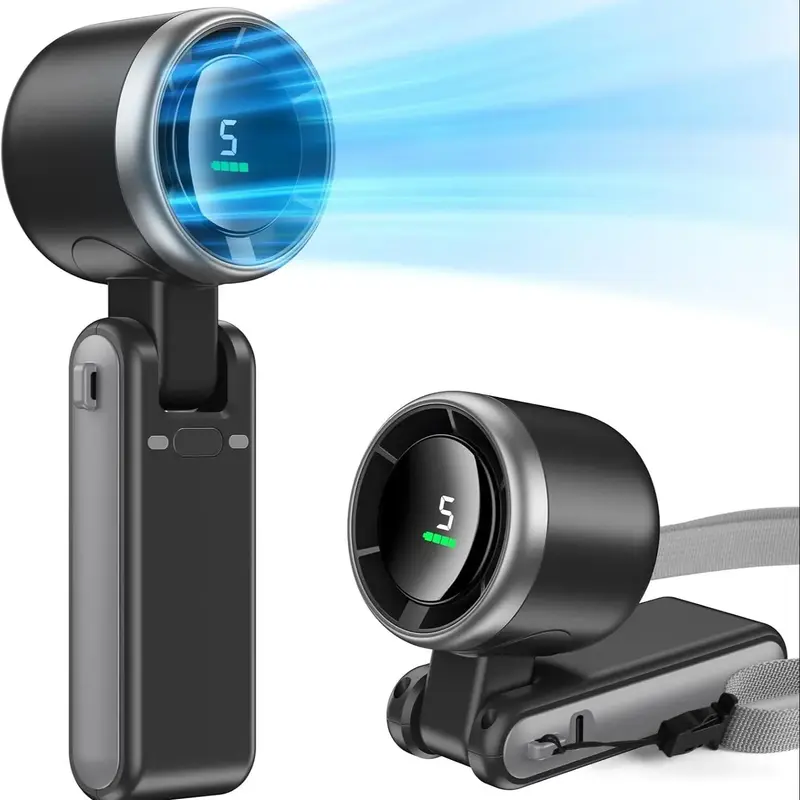 USB Rechargeable Handheld High Speed Fan with Lanyard, Portable 5-speed Wind Speed Fan, Foldable & Hanging Neck Fan Suitable ...