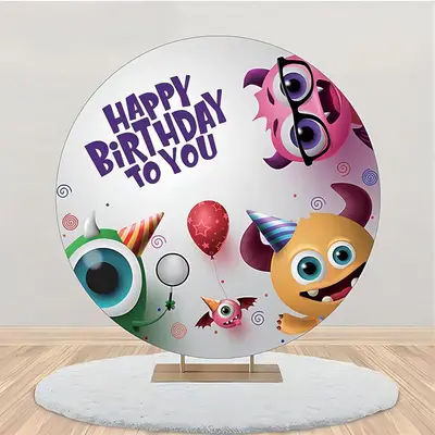 Cute Monster Balloon White Round Birthday Backdrop - Aperturee