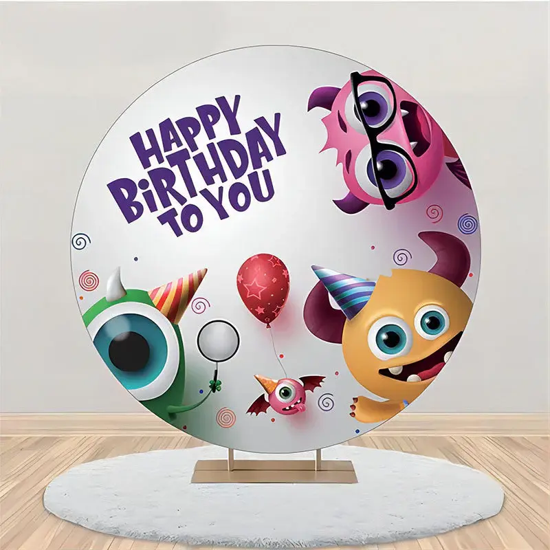Cute Monster Balloon White Round Birthday Backdrop - Aperturee