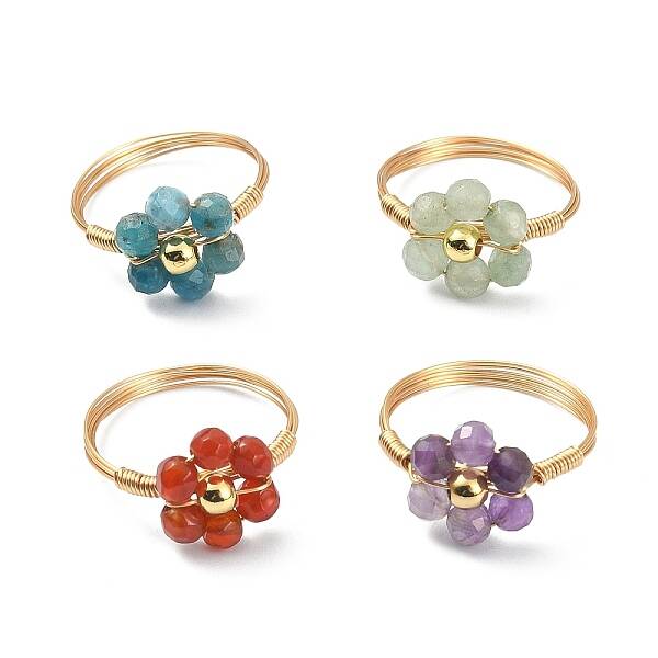 4Pcs 4 Style Natural Mixed Gemstone Beaded Flower Finger Rings Set