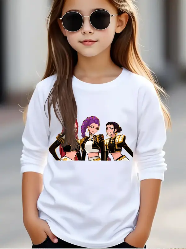 Girls' Kpop Print Long Sleeve T-Shirt, Cute Anime Cartoon Design, Soft Comfortable Casual Top for Spring & Fall Season Gift