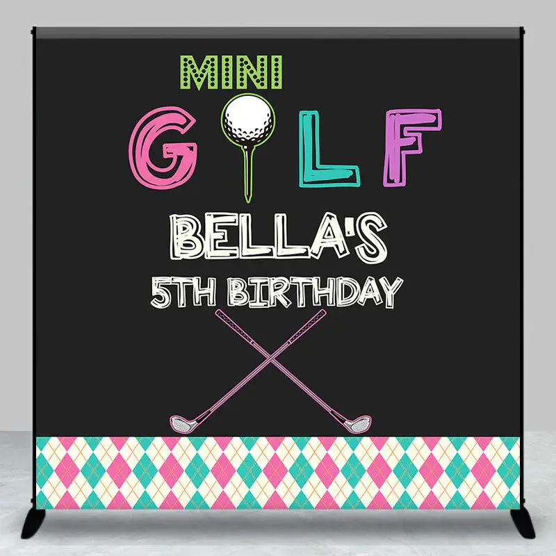 Mini Golf Black Custom Name 5th Birthday Backdrop