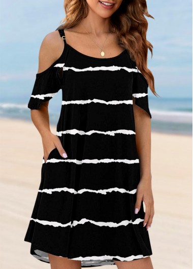 Modlily Pocket Striped Black Cold Shoulder Cover Up - XL