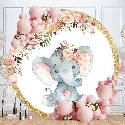 Aperturee Pink Floral And Elephant Round Glitter Birthday Backdrop