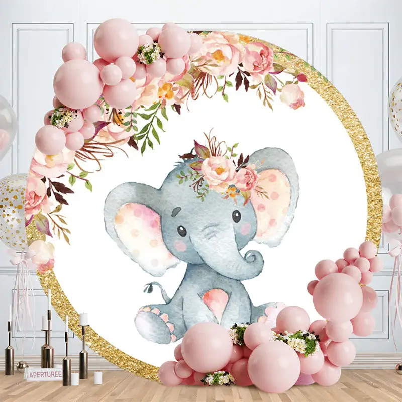Aperturee Pink Floral And Elephant Round Glitter Birthday Backdrop