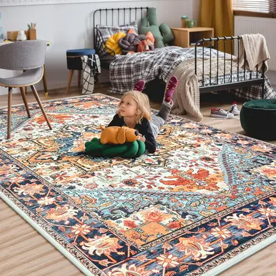 RUNIA Luxury Vintage Washable Area Rugs - Soft Floral Faux Wool Boho Non-Slip Doormat Carpets, Low-Pile Retro Floor Mat Rugs ...