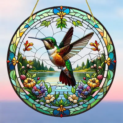 Hummingbird Sun Catcher, 1 Count Round Hanging Decoration, Colorful Glass Hanging Ornament, Creative Home Decor for Garden & ...