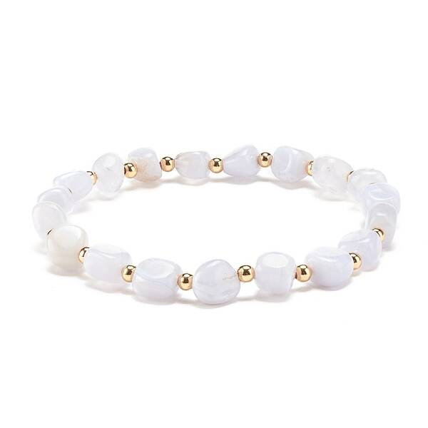 Natural Blue Lace Agate Round Beaded Stretch Bracelet