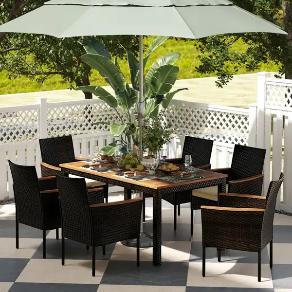 [Costway] 7-Piece Patio Dining Set with Umbrella Hole, Acacia Wood & Rattan Table and 6 Stackable Chairs with Cushions, Outdo...