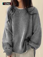 Women's Drop Shoulder Split Hem Sweater, Chic Casual Long Sleeve Round Neck Jumper, Women's Knitwear Top for Fall & Winter, S...