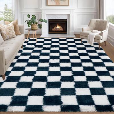 Garvee Area Rug 8x10 Classic Checkered Shaggy Rug Blue, Super Soft, Anti-Skid, High Pile, Fluffy Carpet for Bedroom, Living R...