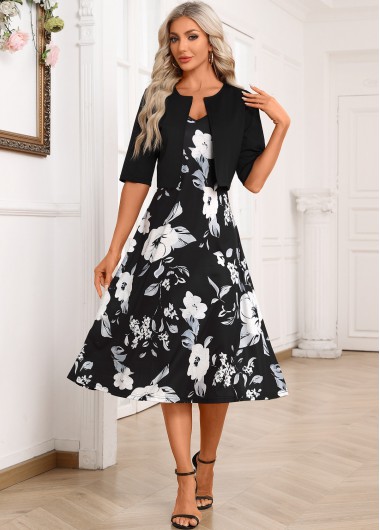 Modlily Black Two Piece Floral Print Dress and Cardigan - M