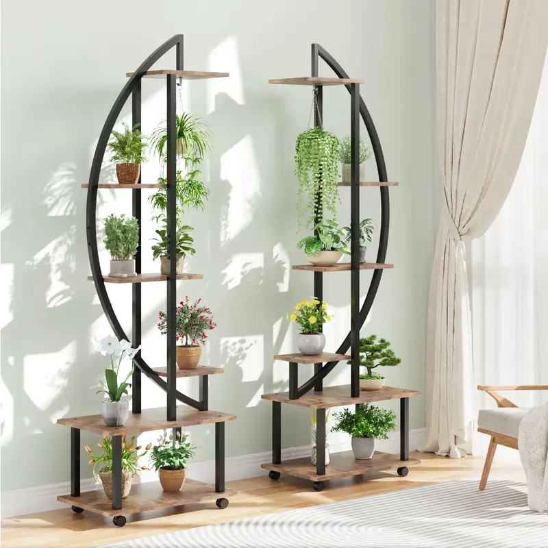 Garvee 2-Pack 6-Tier Tall Metal Plant Stands with Detachable Wheels - Half Moon Shape with Drawers, Large Indoor/Outdoor Plan...
