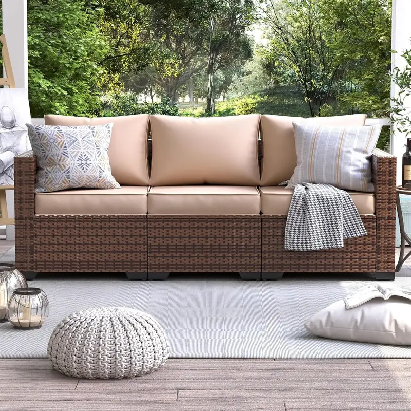 UDPATIO 3-Seat Patio Wicker Sofa, Outdoor Rattan Sectional Couch Furniture Steel Frame Furniture Cover Non-Slip Cushion for G...