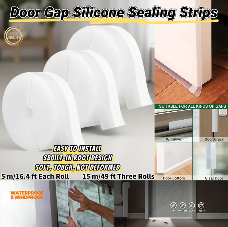 Door Gap Silicone Sealing Strips, Weather Stripping Seal Door Tape, Shower Door trip Bottom Draft Stopper, Self Adhesive Unde...