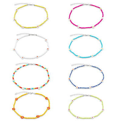 8Pcs 8 Colors Glass Seed Braided Flower Beaded Necklaces Set for Women