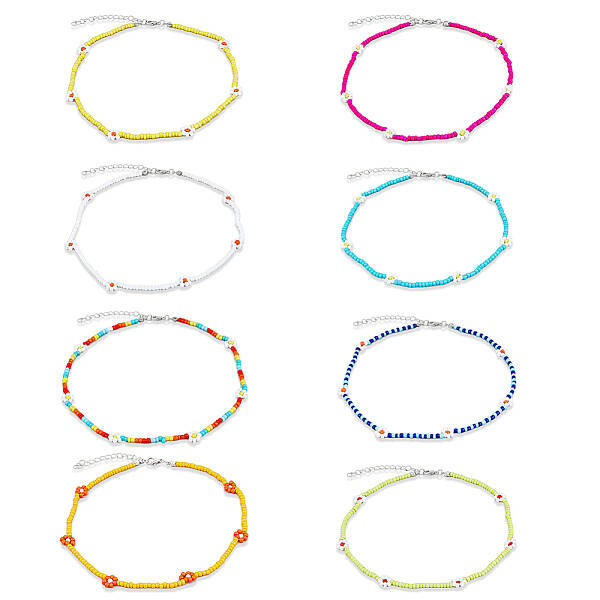 8Pcs 8 Colors Glass Seed Braided Flower Beaded Necklaces Set for Women