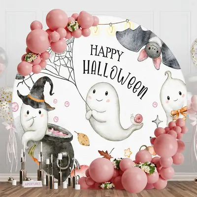 Spider Web Ghost Bat Round Halloween Party Backdrop - Aperturee