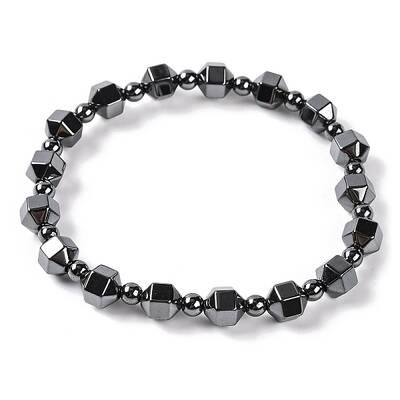 Round & Faceted Bicone Drum Synthetic Non-magnetic Hematite Beaded Stretch Bracelets for Women
