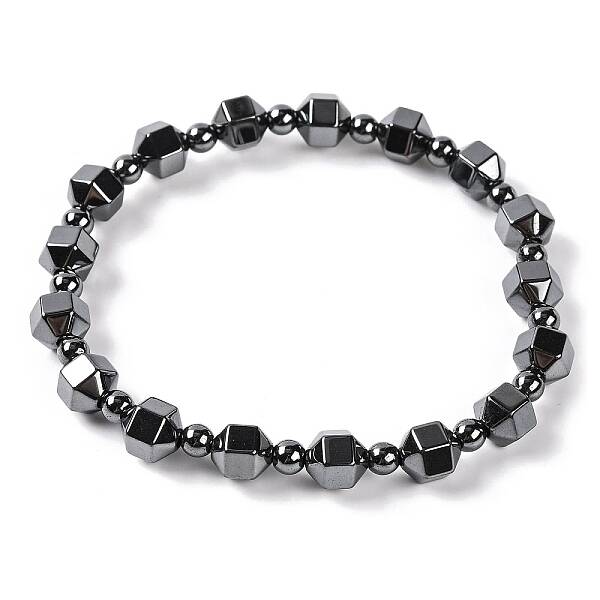 Round & Faceted Bicone Drum Synthetic Non-magnetic Hematite Beaded Stretch Bracelets for Women
