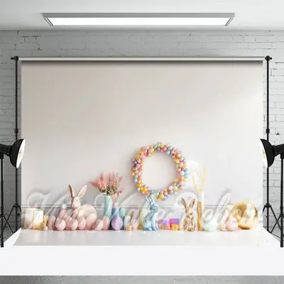 White Wall Colorful Gift Bunny Photo Easter Backdrop - Aperturee
