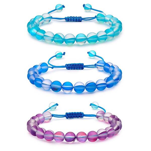 3Pcs Round Synthetic Moonstone Braided Bead Bracelets