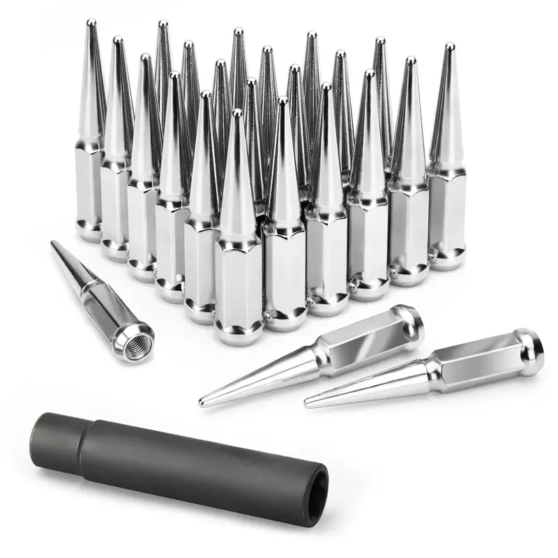 24PCS+1KEY M14x1.5 , Spike Lug Nuts For Chevy Ford Jeep - KSP Performance, Silver