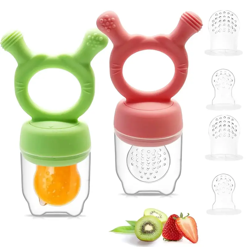 2 Pack Silicone Baby Fruit Feeders & Teethers - Infant Fresh Food Feeders with 3 Size Pouches Each BPA-Free Self Feeding Teet...