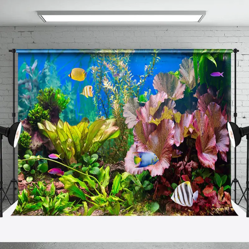 Green Leaves Pink Floral Ornamental Fish Backdrop - Aperturee