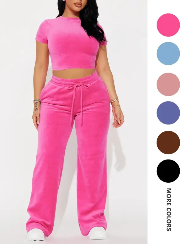 Two-piece Set Women's Solid Crop Tee & Drawstring Waist Pants Velvet Set, Casual Short Sleeve Round Neck T-shirt & Elastic Wa...