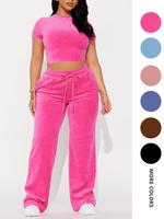 Two-piece Set Women's Solid Crop Tee & Drawstring Waist Pants  Set, Casual Short Sleeve Round Neck T-shirt & Elastic Waist Tr...