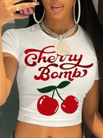 Women's Cherry & Letter Print Round Neck Crop Tee, Casual Short Sleeve Crew Neck Skinny T-shirt for Summer, Fashion Women's T...