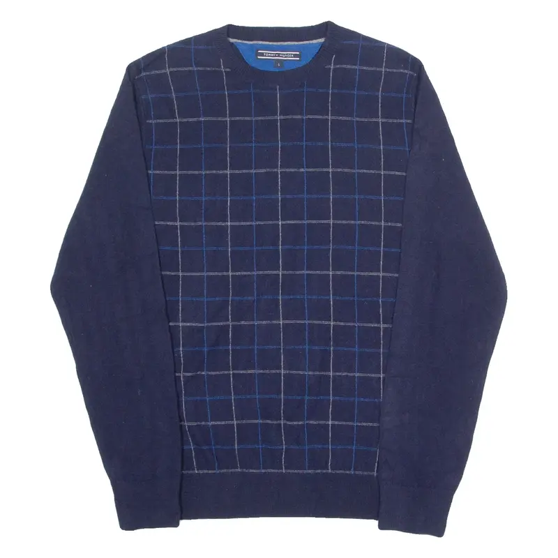 TOMMY HILFIGER Mens Patterned Jumper Blue Check Tight Knit S