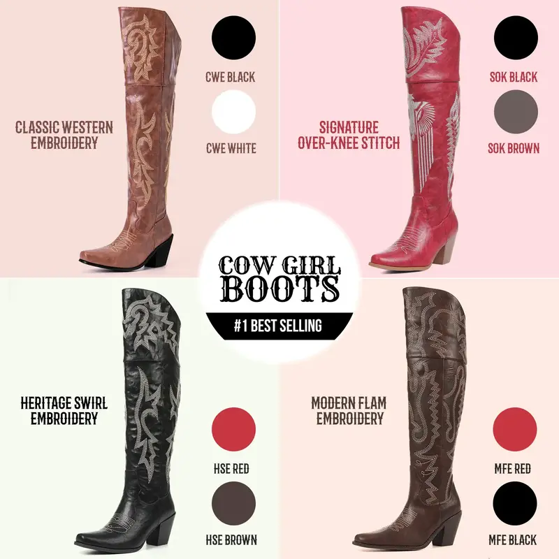 CELNEPHO Over the Knee Cowgirl Boots for Women Pointed Toe Embroidered PU Leather Western Boots with Side Zipper Chunky Block...