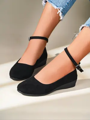 Women's Fashionable Solid Color Ankle Strap Wedge Shoes, Casual Comfortable Round Toe Wedge Flats, Lightweight Breathable Buc...