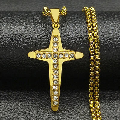 304 Stainless Steel Crystal Rhinestone Religion Cross Pendant Necklaces