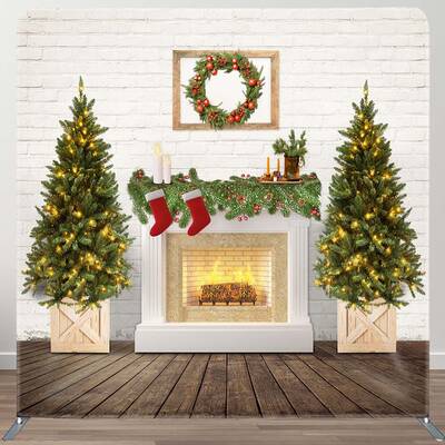 Aperturee Brick Wall Fireplace Tree Christmas Square Backdrop | Xmas Backdrop | Christmas Backdrops For Photography | Christm...