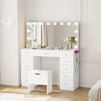 VOWNER Vanity with 10×Magnifying Mirror, With Glass Top&Power Outlet, 3 Color Light Options, 43\