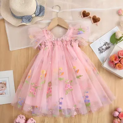 Cute Butterfly Dress for Girls Summer 1-5 Years Birthday Party Dresses Ruffles Flower Embroidery Sweet Princess Dress Kids Ca...