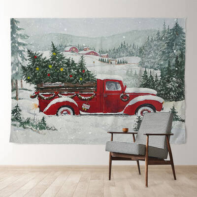 Aperturee Snowy Red Truck In Village Christmas Backdrop