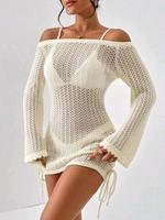 Women's Plain Hollow Out Flounce Sleeve Cover Up Dress without Bikini Set, Cute Casual Tie Side Long Sleeve Beach Dress, Ladi...