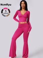 Women's Solid Deep V Neck Long Sleeve Tee & High Waist Flare Leg Pants Tracksuit Set, Sporty Casual Comfy Breathable Outfits ...