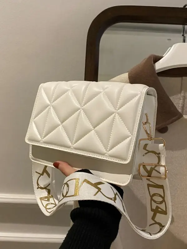 Women's Elegant Plain Quilted Design Crossbody Bag, Fashionable Classic Letter Print Decorated Wide Strap Flap Shoulder Bag, ...