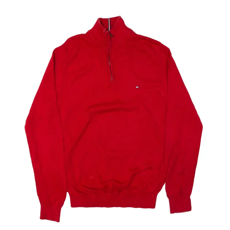TOMMY HILFIGER Premium Cotton Jumper Red Tight Knit 1/4 Zip Mens M