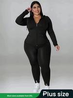 【Plus Size】 Basic Solid Zip Up Hooded Top & Skinny Pants Set, Longsleeves Hooded Outerwear & Trousers for Women, Sweatsui...