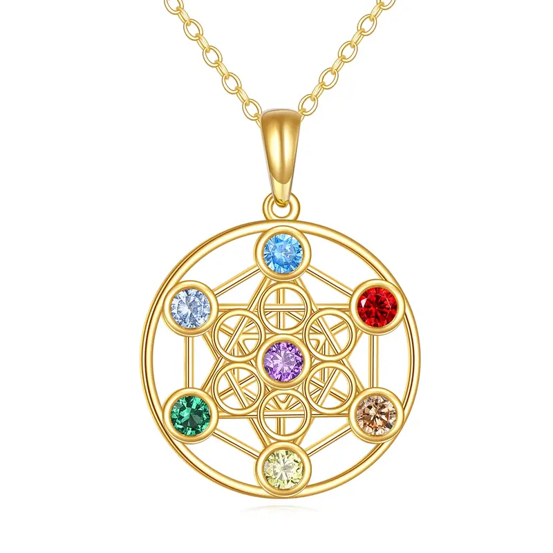 14K Gold Cubic Zirconia Flower Of Life & Chakras Pendant Necklace